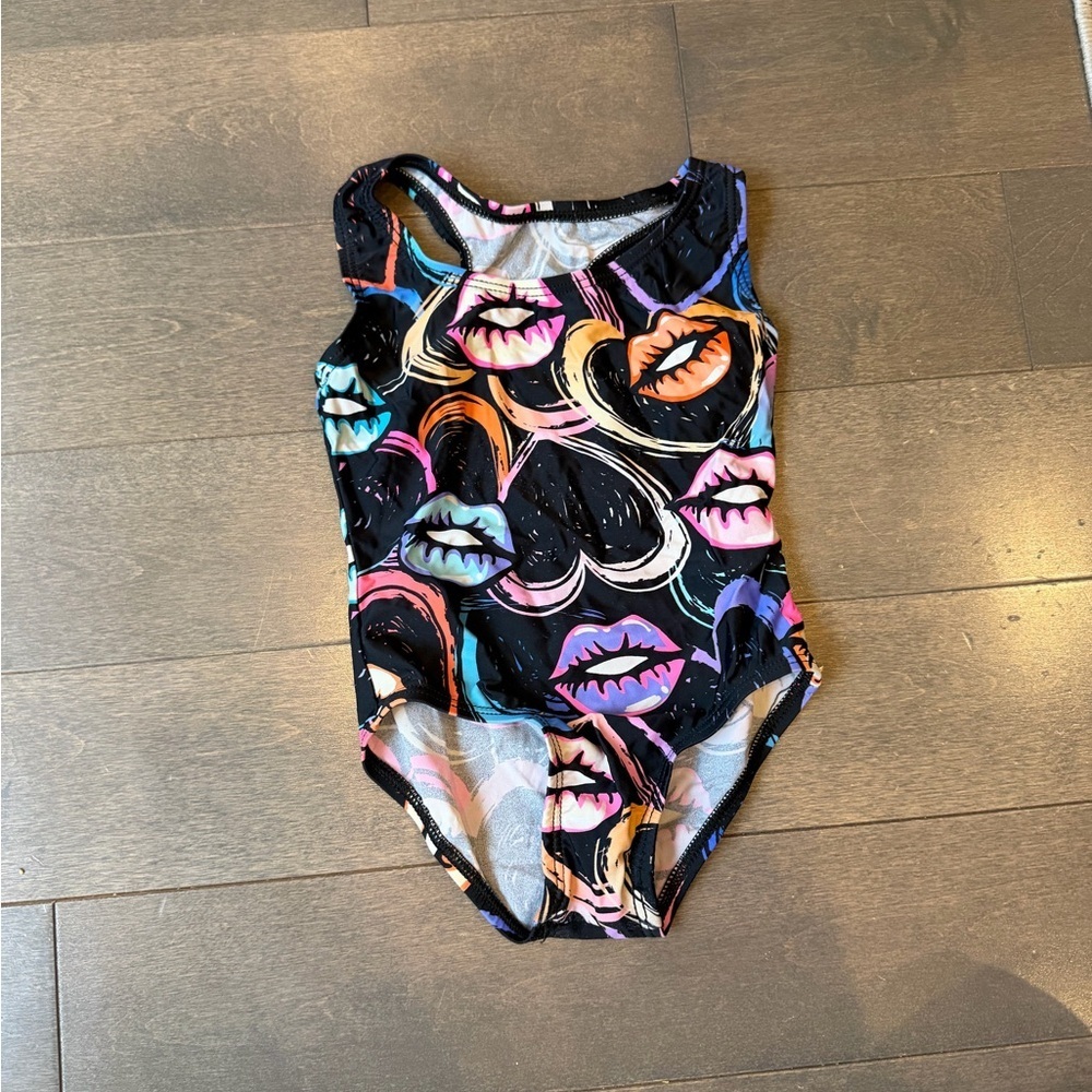 Girls' Black One-Piece Swimsuit with Colorful Lip Print